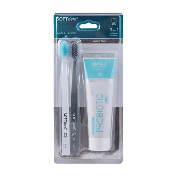 SOFTdent Probiotická zubní pasta + kartáčky 3-in-1 